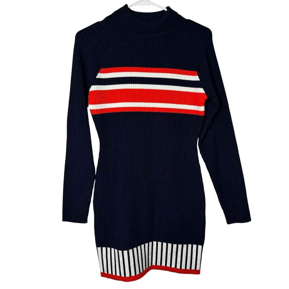 OYROSY Womens Sweater Dress Small Navy Red White Striped Ribbed Knit Mini NWT